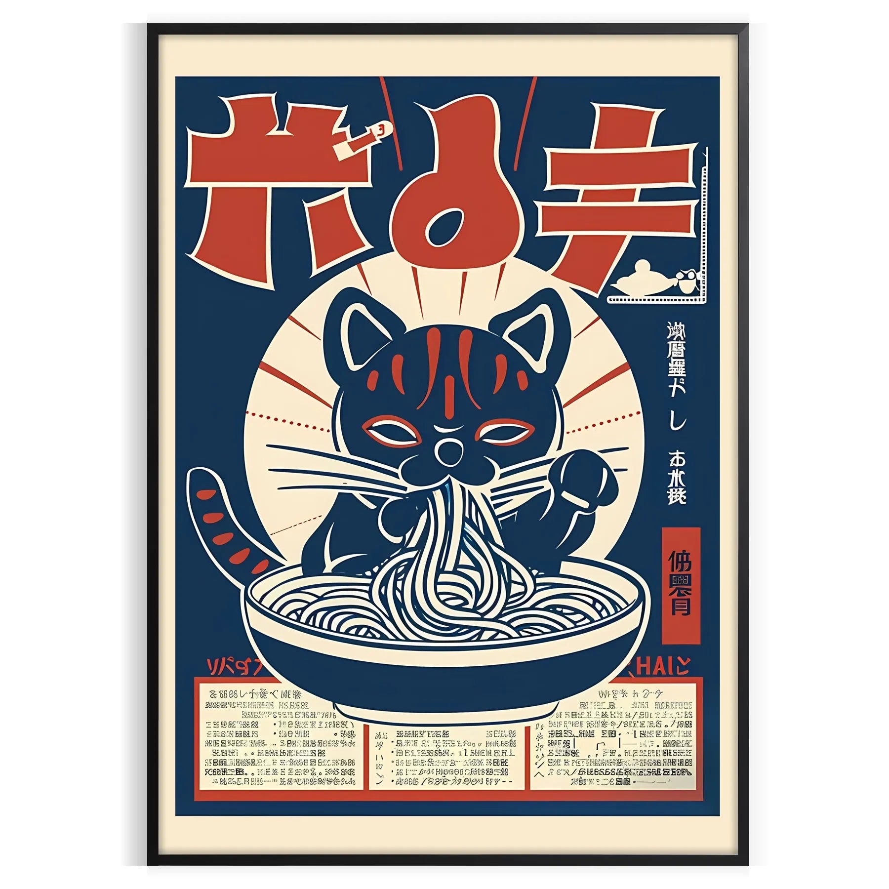 whimsical touch space Cat Ramen Kitchen Art Poster playful feline chefs vibrant blue green palette captivating wall perfect gift lovers foodies various sizes A4 cm A0