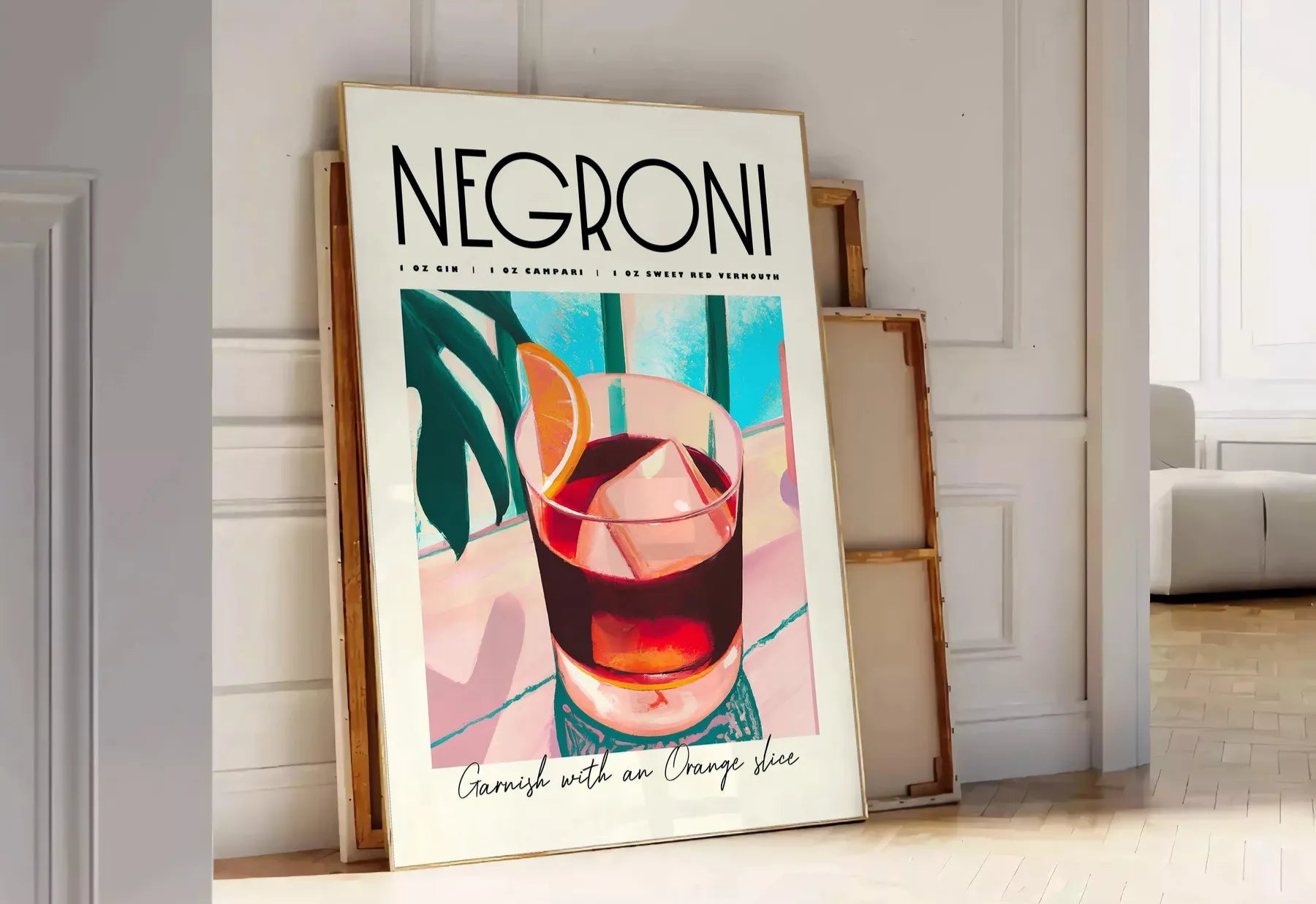 space vibrant negroni cocktail art poster blue orange hues stylish wall piece unique gift idea home bar kitchen artwork essence mixology standalone print