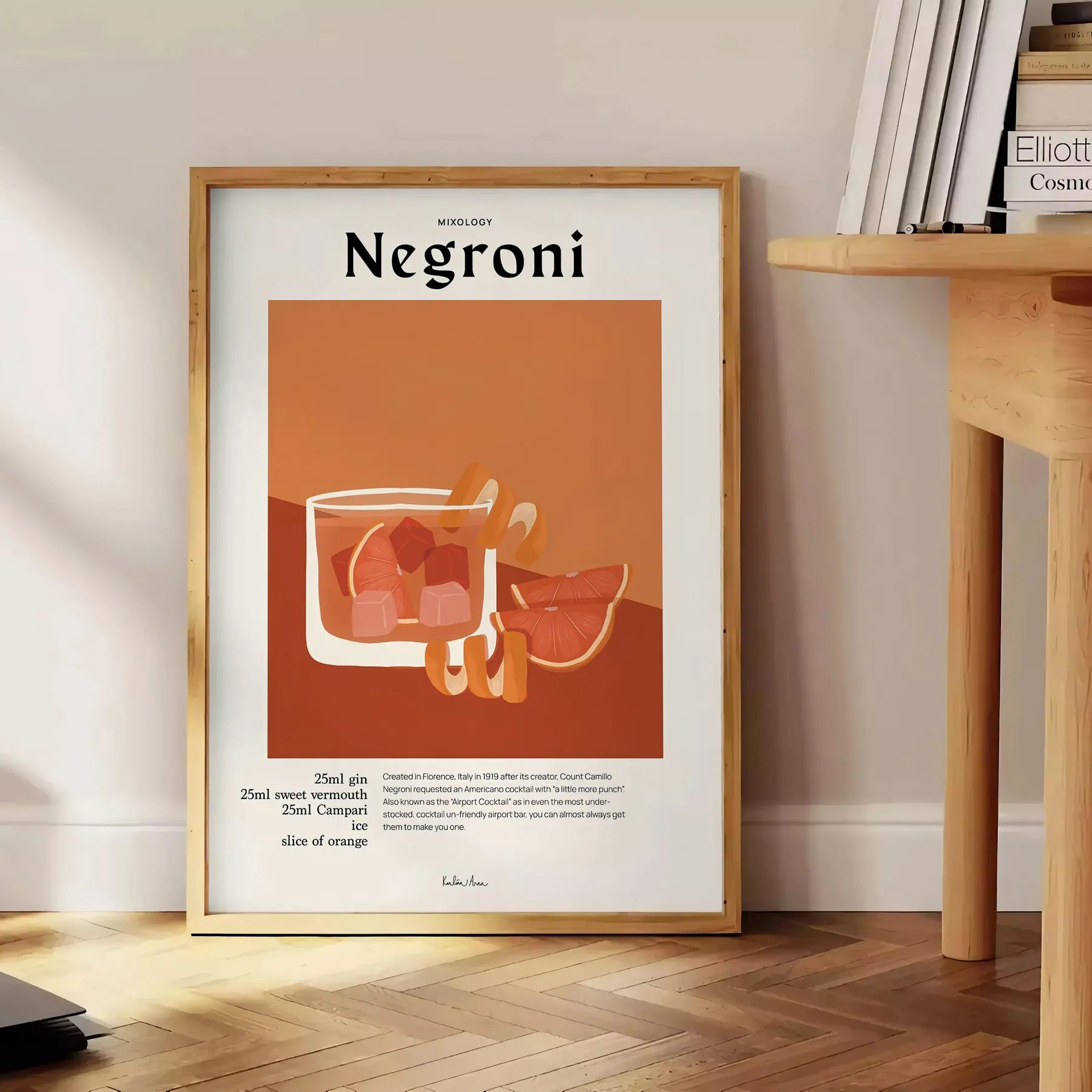space vibrant Negroni cocktail poster orange black stunning wall art perfect enthusiasts unique gift decor eye artwork A4 cm A0 formats