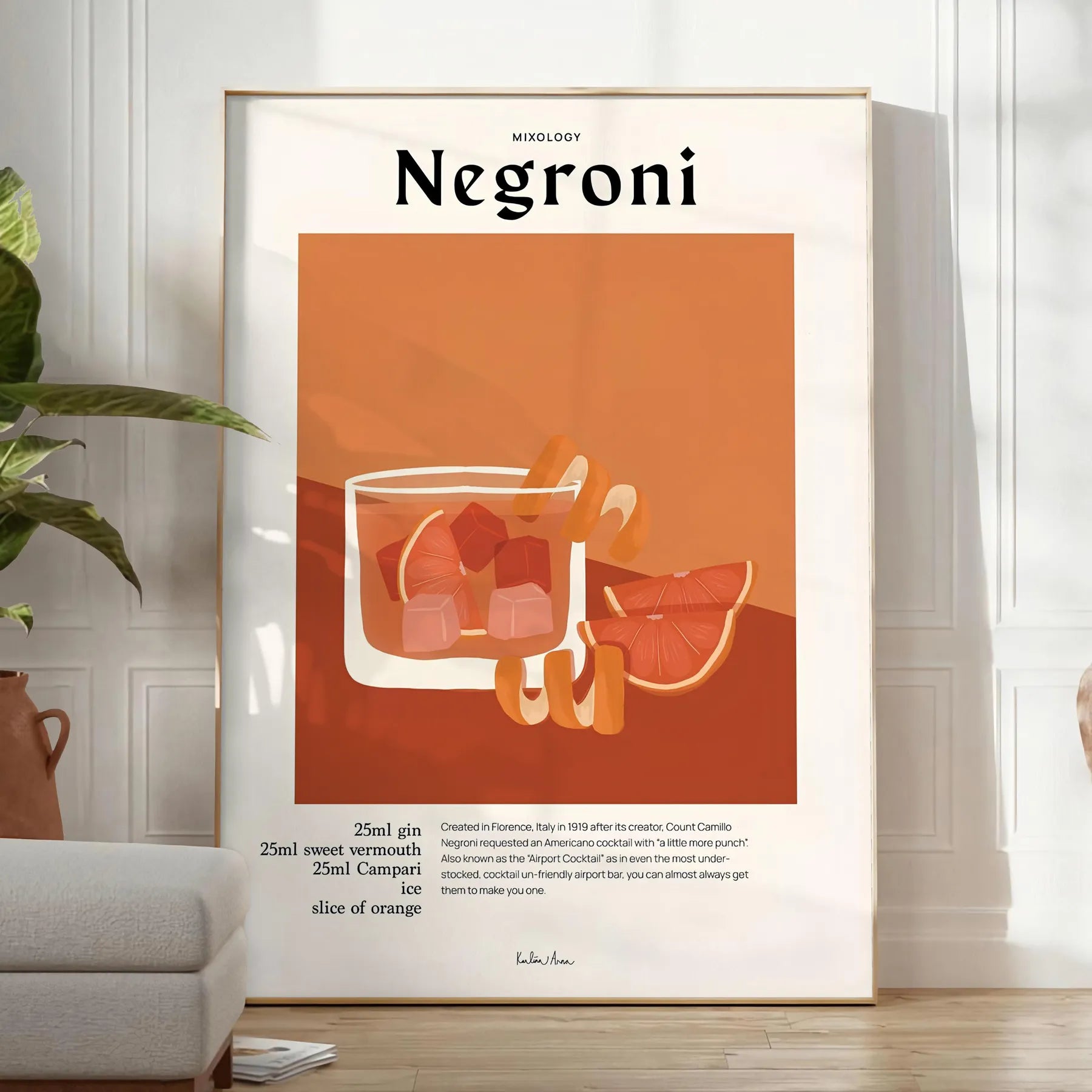space vibrant Negroni cocktail poster orange black stunning wall art perfect enthusiasts unique gift decor eye artwork A4 cm A0 formats
