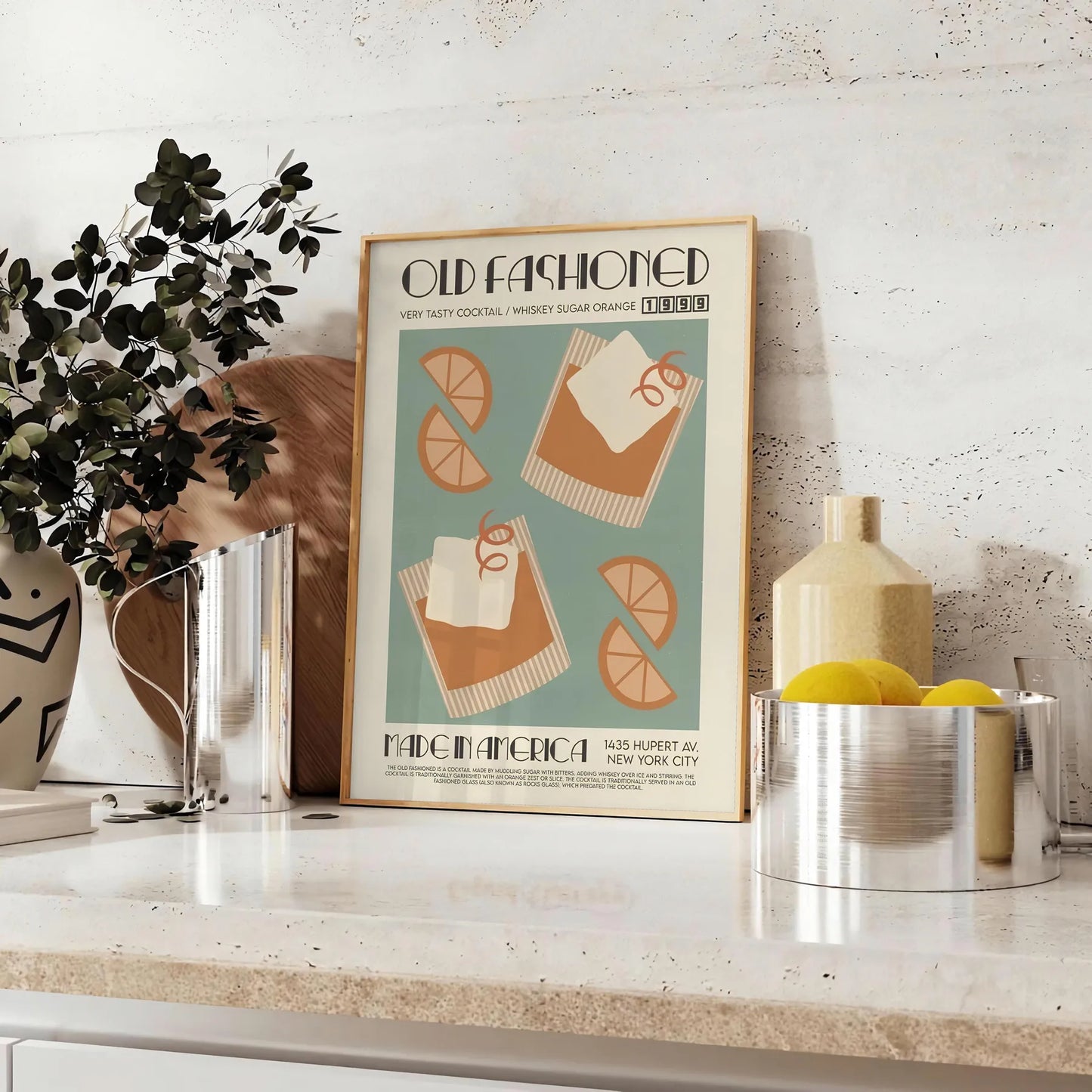 space vintage Old Fashioned Cocktail poster rich brown green hues perfect wall art enthusiasts unique gift artwork available print sizes A4 cm A0