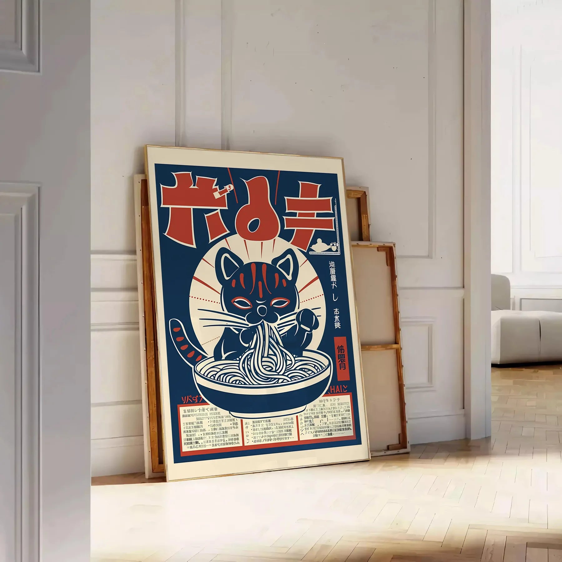 whimsical touch space Cat Ramen Kitchen Art Poster playful feline chefs vibrant blue green palette captivating wall perfect gift lovers foodies various sizes A4 cm A0