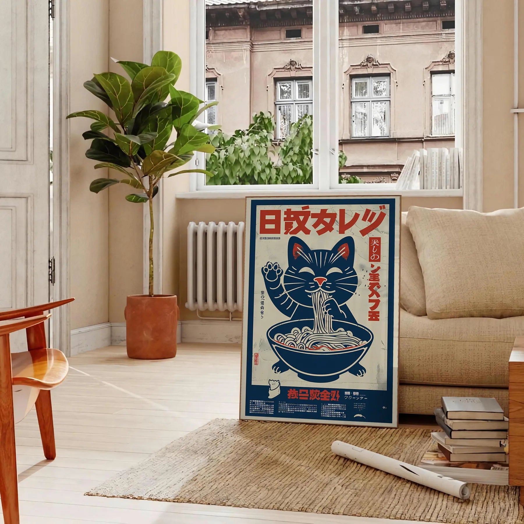 touch whimsy space Cat Ramen Kitchen poster cozy brown gray hues charming wall art character room unique gift lovers foodies standalone print