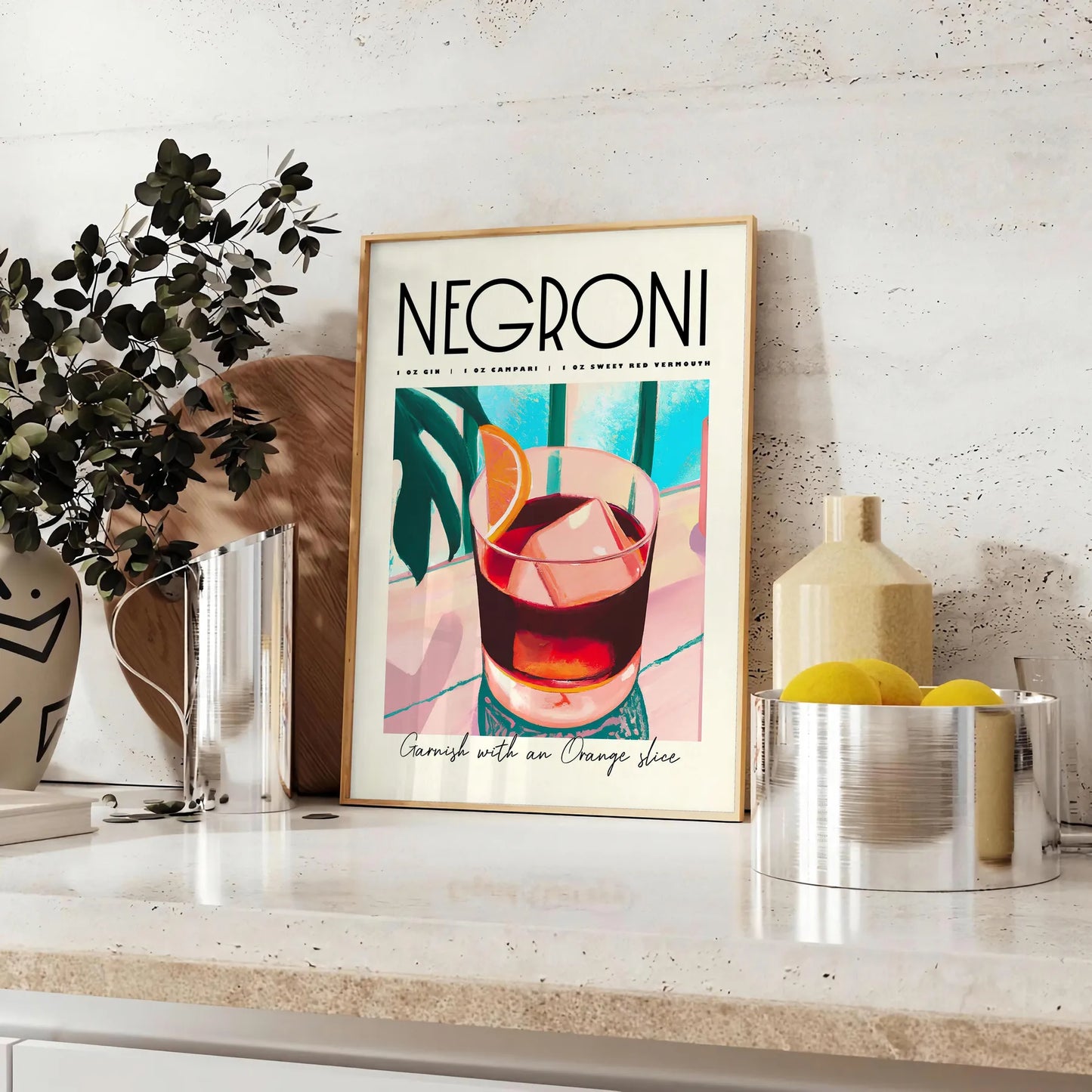 space vibrant negroni cocktail art poster blue orange hues stylish wall piece unique gift idea home bar kitchen artwork essence mixology standalone print