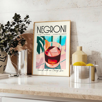 space vibrant negroni cocktail art poster blue orange hues stylish wall piece unique gift idea home bar kitchen artwork essence mixology standalone print