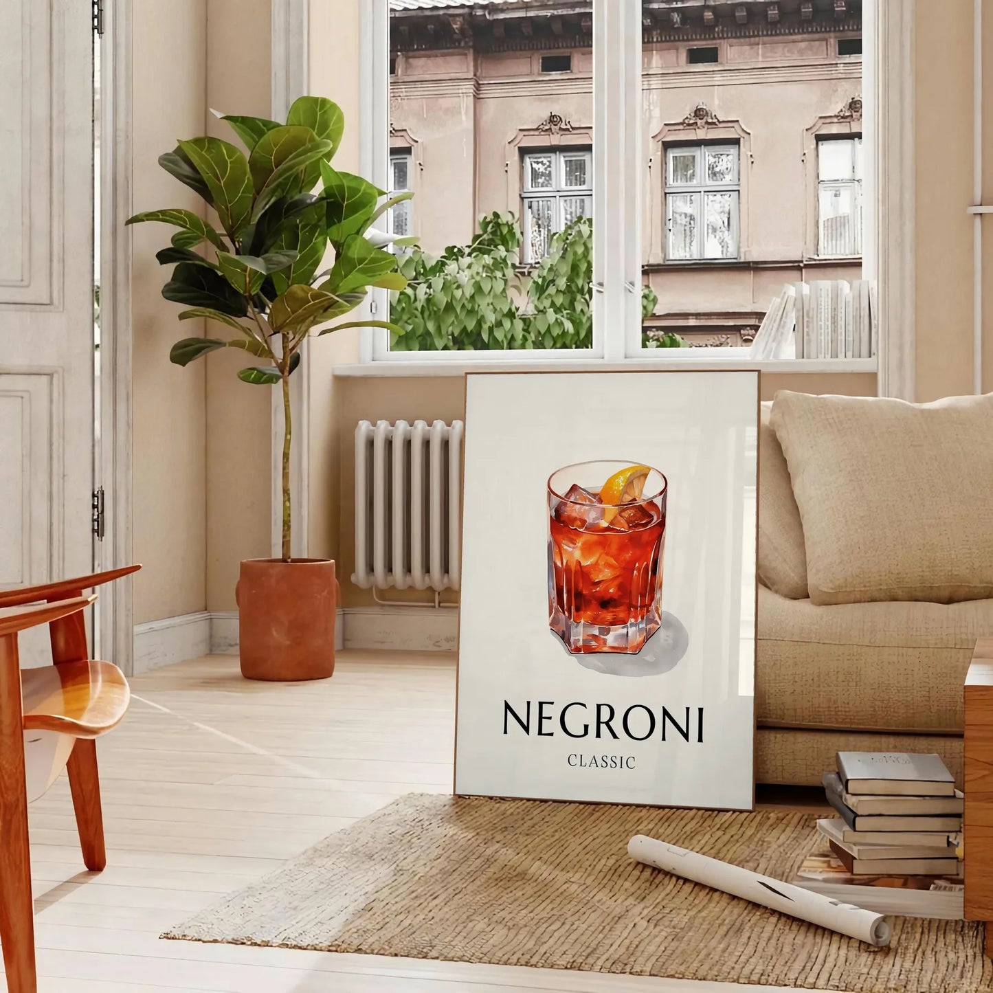 space striking Negroni Cocktail poster vibrant orange sleek black wall art lovers print ideal gift occasion decor unique artwork sizes A4 cm A0