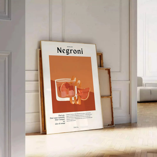 space vibrant Negroni cocktail poster orange black stunning wall art perfect enthusiasts unique gift decor eye artwork A4 cm A0 formats