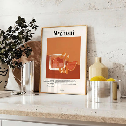 space vibrant Negroni cocktail poster orange black stunning wall art perfect enthusiasts unique gift decor eye artwork A4 cm A0 formats