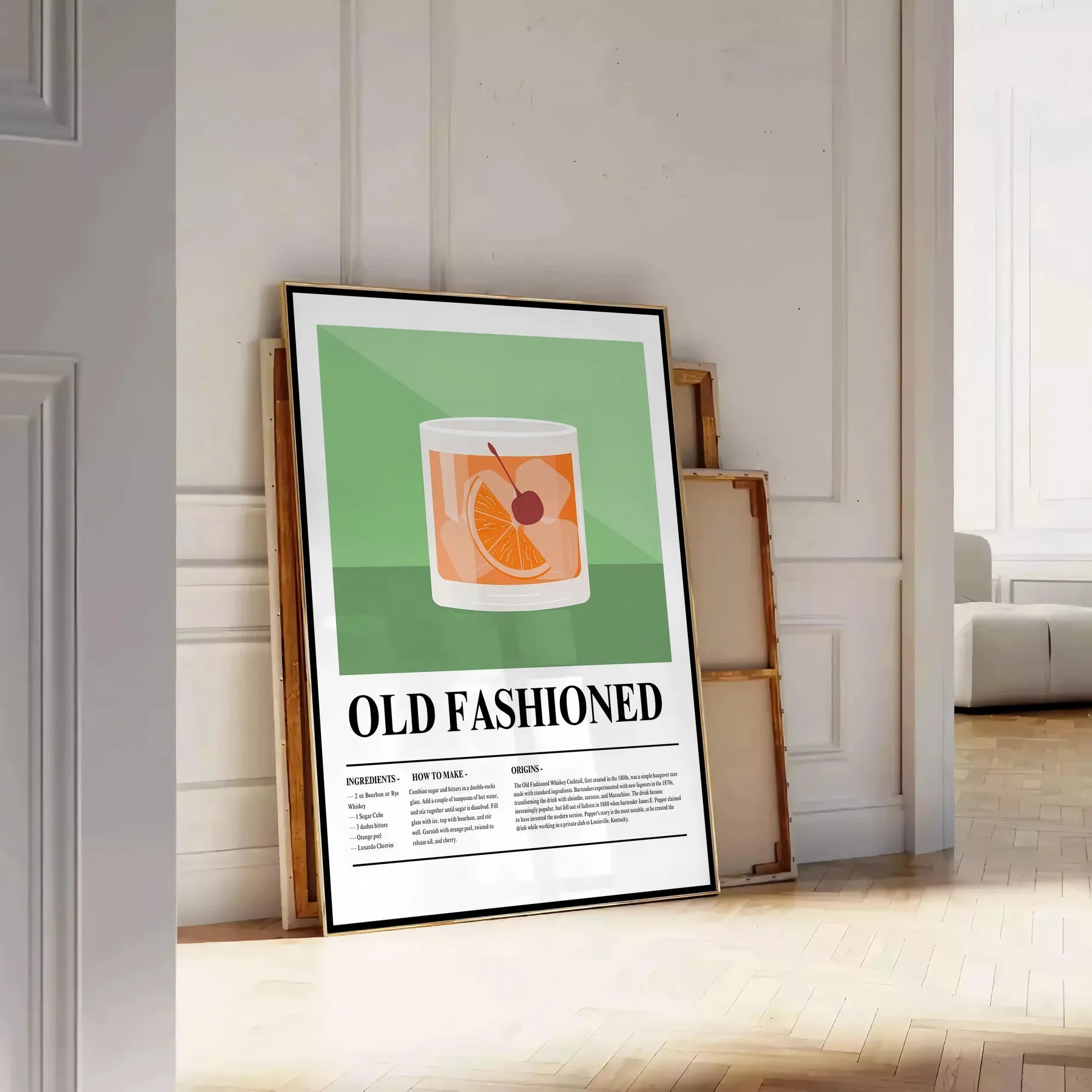space Old Fashioned Cocktail poster vibrant green hues sleek black backdrop stylish wall art thoughtful gift eye print sophistication room unframed options