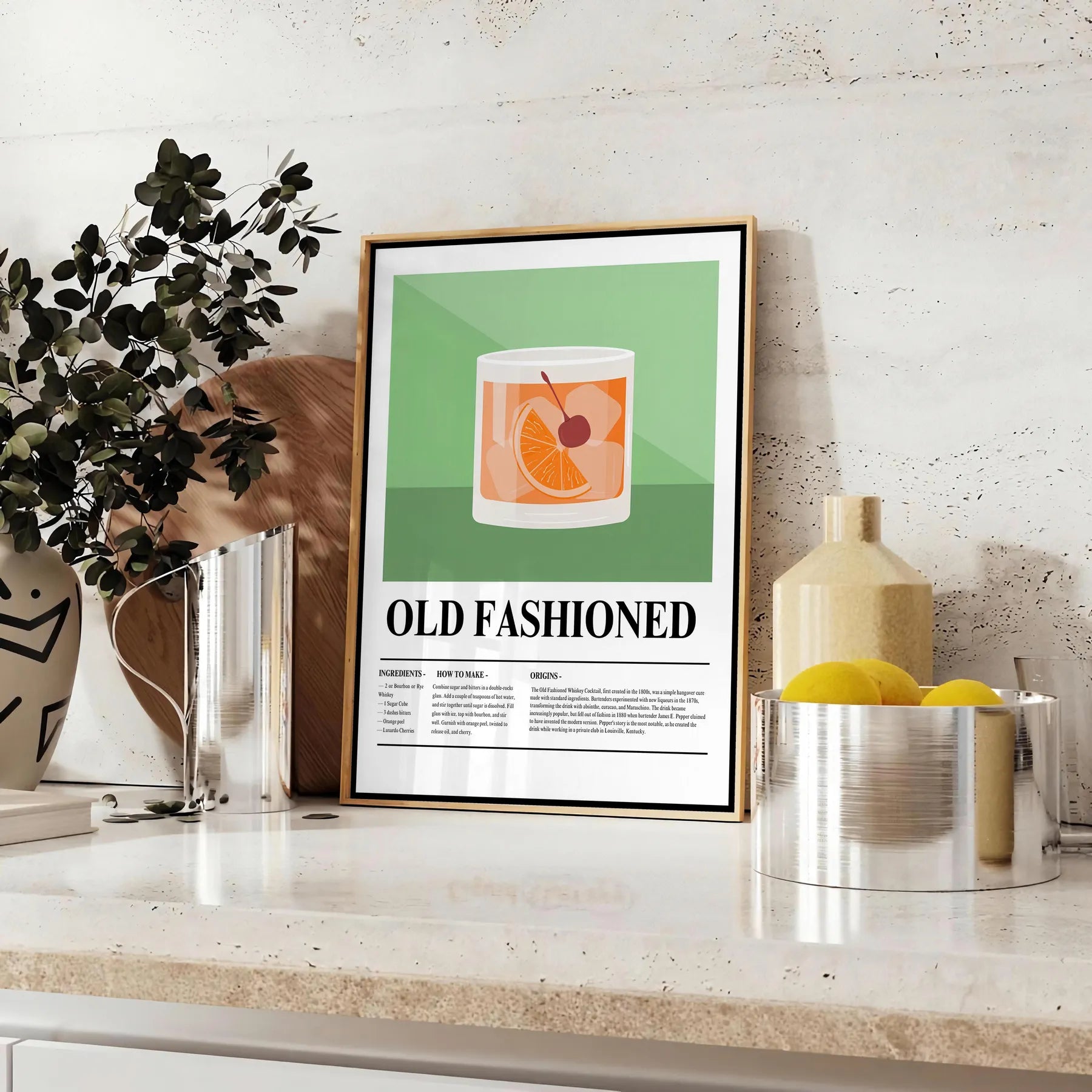 space Old Fashioned Cocktail poster vibrant green hues sleek black backdrop stylish wall art thoughtful gift eye print sophistication room unframed options